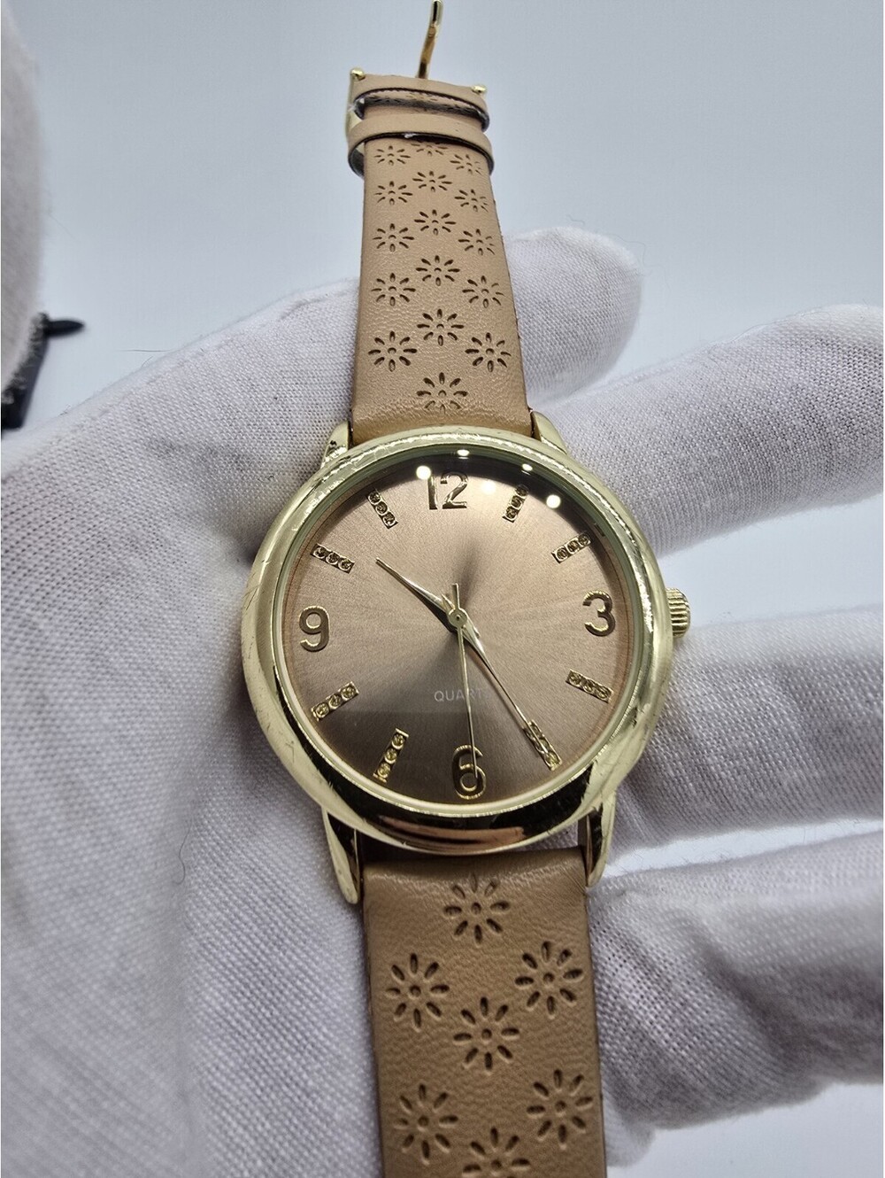 BWC Women's Gold Tone Rose Gold Dial Quartz Watch Tan Floral Cutout Strap